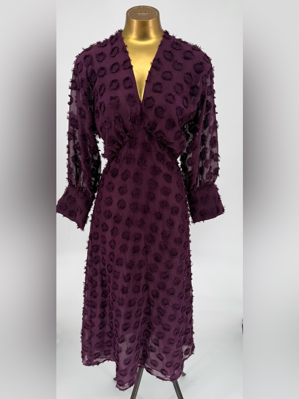 NWT Zara Deep Plum Textured Midi Dress long Sleeves Size XS